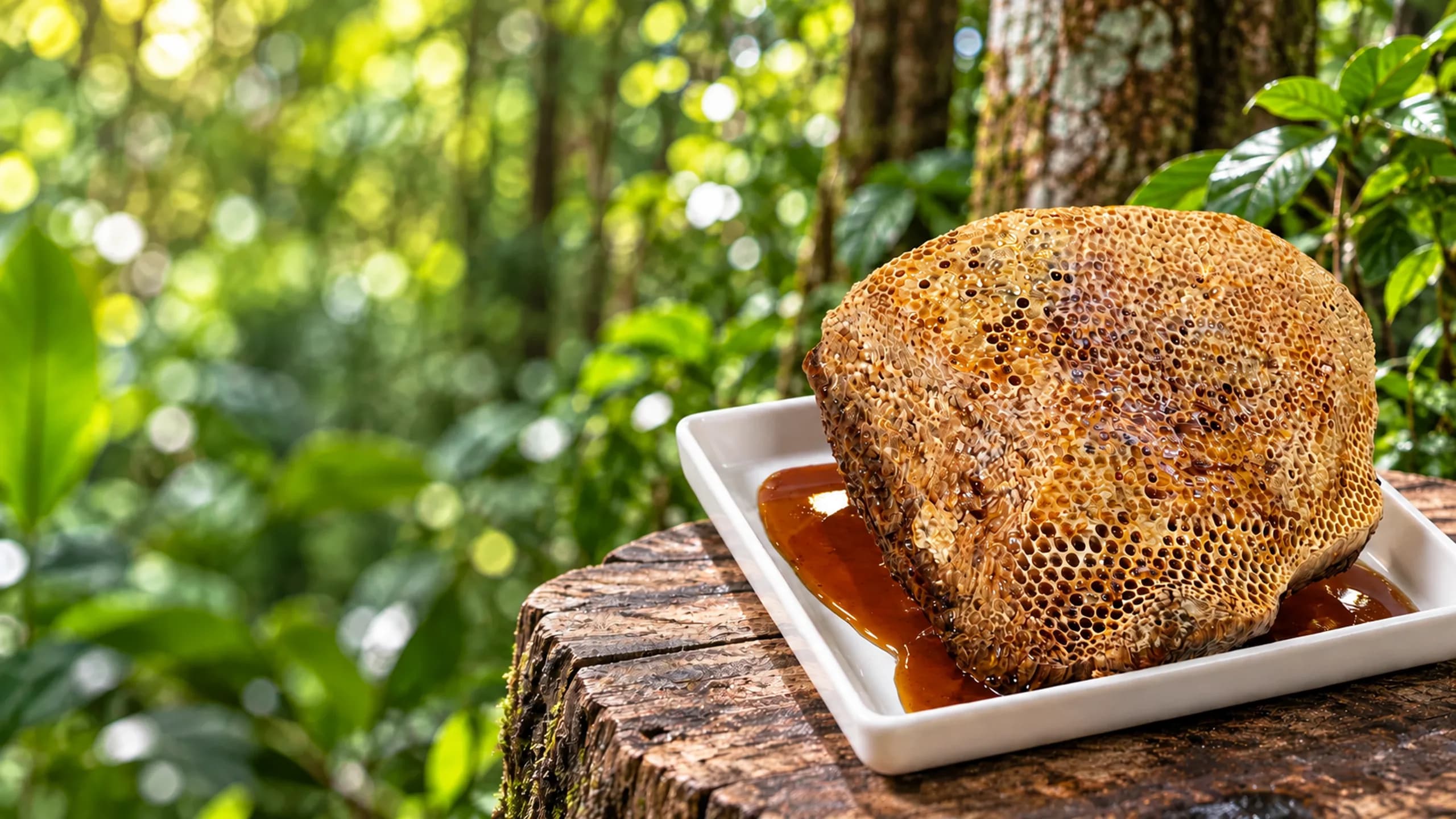 Natural wild honeycomb with amber honey in a tray against a rainforest backdrop
