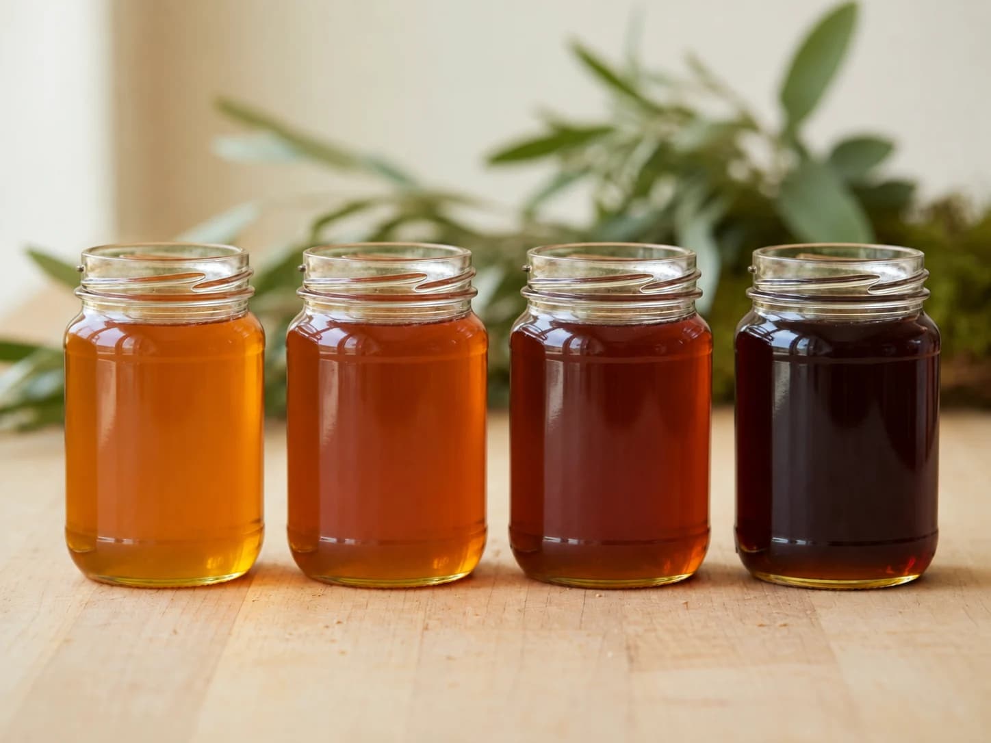 Four grades of pure natural wild honey from light to dark